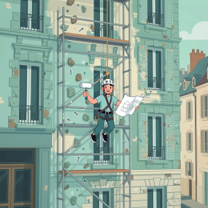 Illustration vectorielle d'un investisseur équipé comme un grimpeur sur la façade d'un immeuble ancien, symbolisant les 25% de travaux nécessaires pour acheter en Denormandie et réussir son investissement locatif.