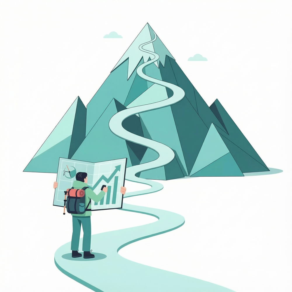 Alpiniste consultant son itinéraire face à la montagne, symbolisant la stratégie d'investissement et la préparation du Plan Épargne Retraite (PER).