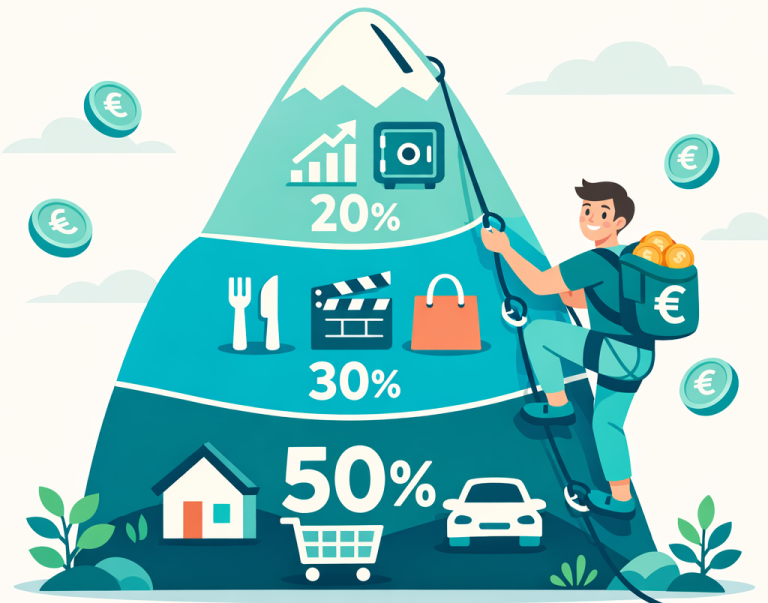 Illustration méthode 50/30/20 : tirelire divisée en 3 parts pour gérer son budget facilement