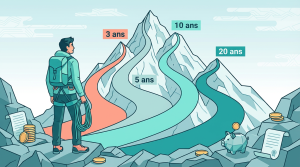 Illustration horizon d'investissement - Investisseur devant différents chemins de placement court, moyen et long terme