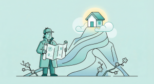 Illustration d'un investisseur consultant une carte topo pour planifier sa stratégie LMNP et atteindre le sommet de la rentabilité immobilière.