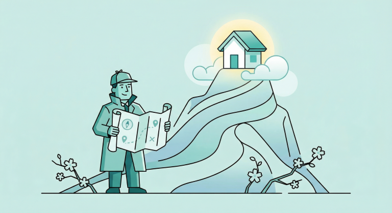Illustration d'un investisseur consultant une carte topo pour planifier sa stratégie LMNP et atteindre le sommet de la rentabilité immobilière.
