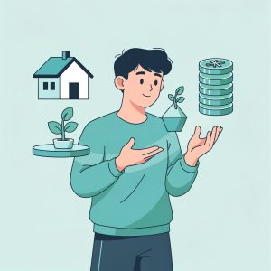 Illustration vectorielle d'une personne organisant les différents éléments de son patrimoine (immobilier, épargne) pour préparer un audit patrimonial.