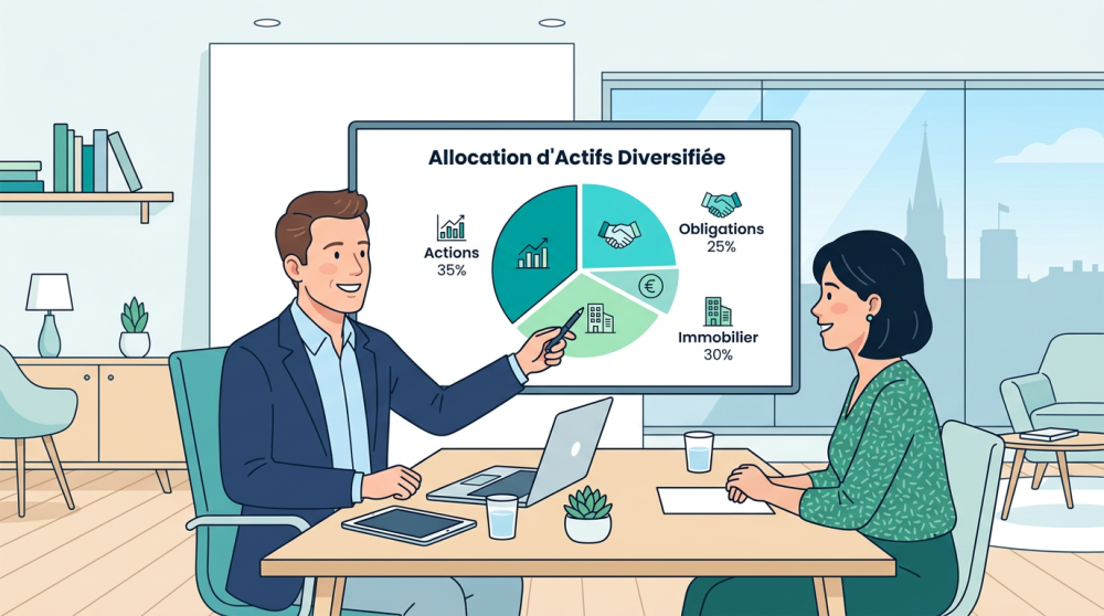 Conseiller en gestion de patrimoine indépendant à La Roche-sur-Yon analysant une stratégie d'allocation d'actifs diversifiée avec un client