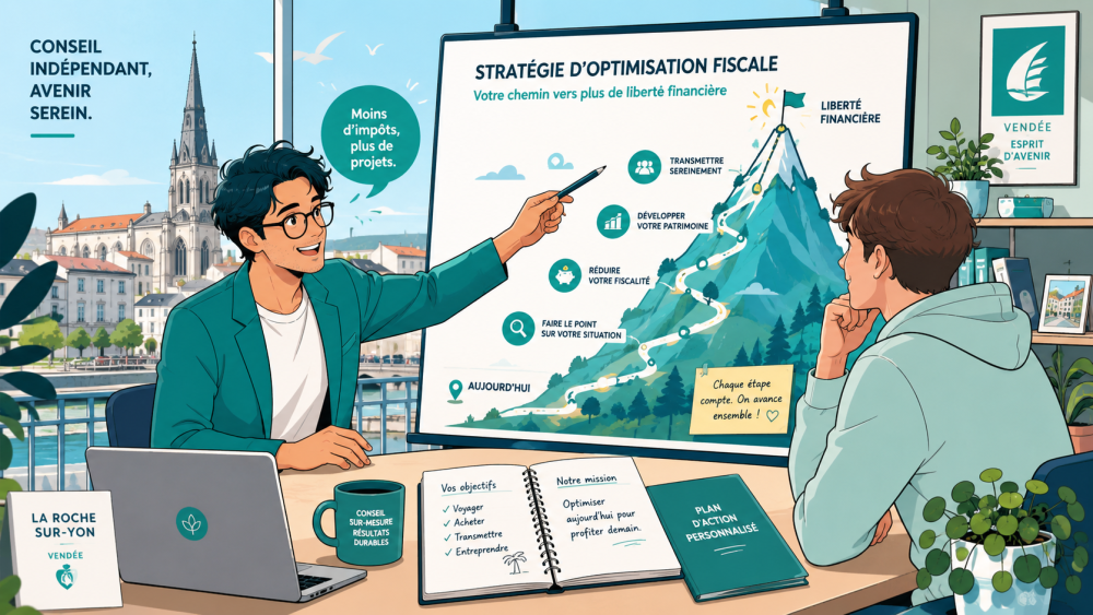 Conseiller en gestion de patrimoine à La Roche-sur-Yon expliquant une stratégie d'optimisation fiscale à un client
